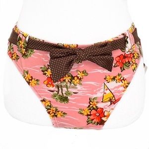 NEW bare assets Pink Plumeria Surf Brown Polka Dot High Waist Bikini Bottoms M